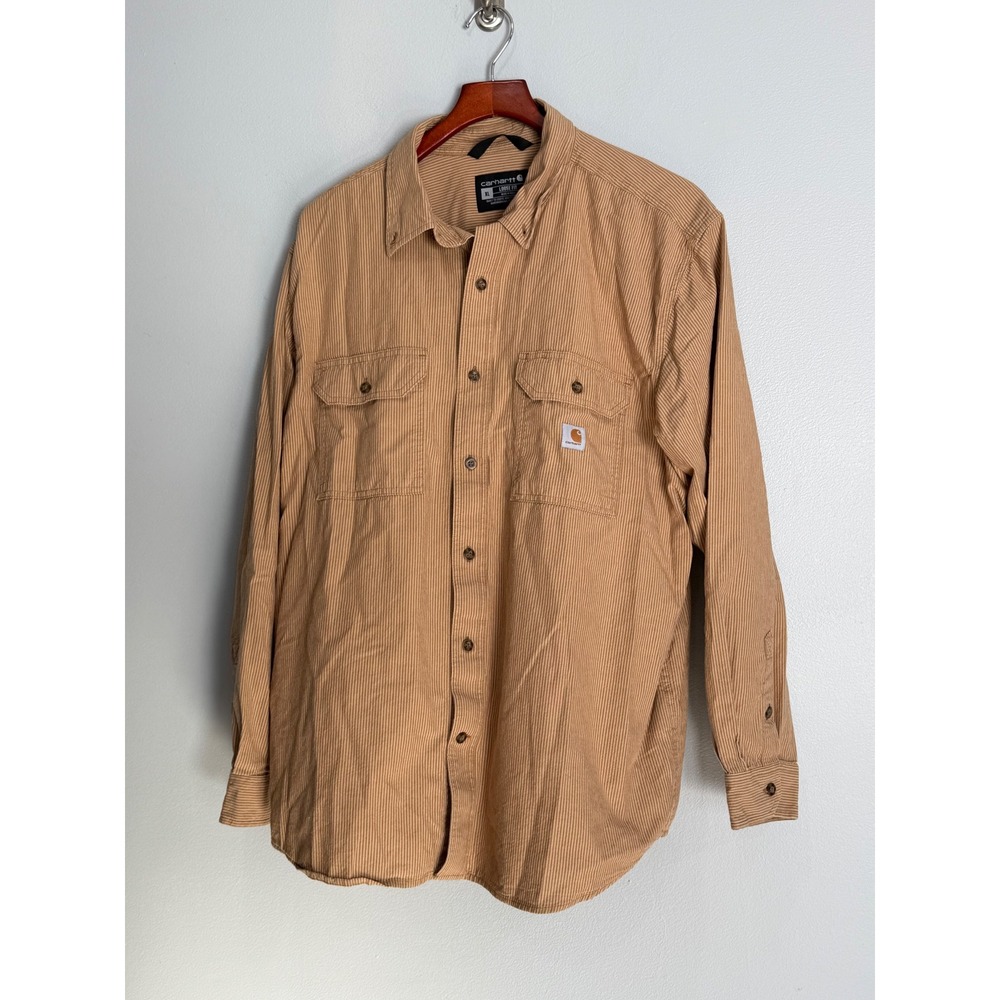 Carhartt Mens XL Loose Fit Striped Long Sleeve Button Down Work Shirt Brown - Picture 2 of 9
